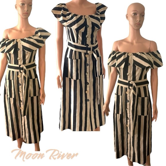 Moon River Black Tan Stripe Linen Cotton off the shoulder Dress Pockets SZ M - Picture 2 of 11